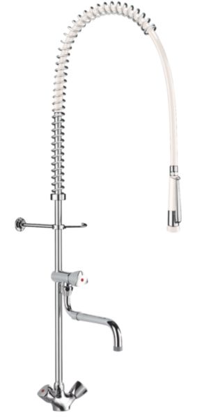 Ensemble de prélavage avec mélangeur monotrou et robinet de puisage à bec télescopique, flexible et douchette blancs : réf. G6632