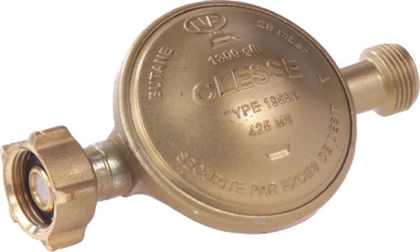 Détendeur gaz butane avec sécurité à réglage fixe + tétine à visser pour bouteille de 13kg 28 mbar NF Réf 0425MS1