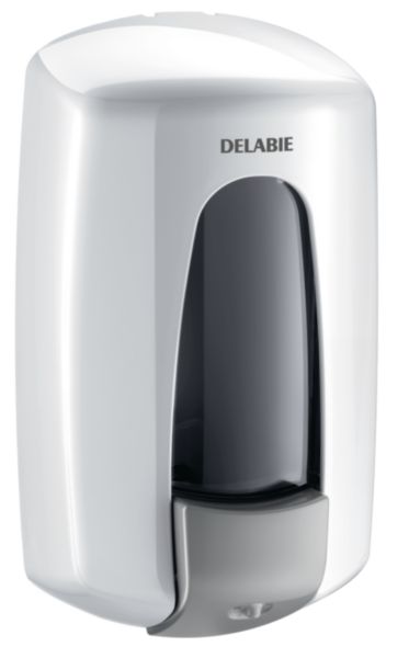 Distributeur de savon liquide mural DISTRISAVON, à réservoir intégré, corps et poussoir en ABS anti-choc, avec réservoir d'une contenance de 0,9 litres, ABS blanc réf. 374001