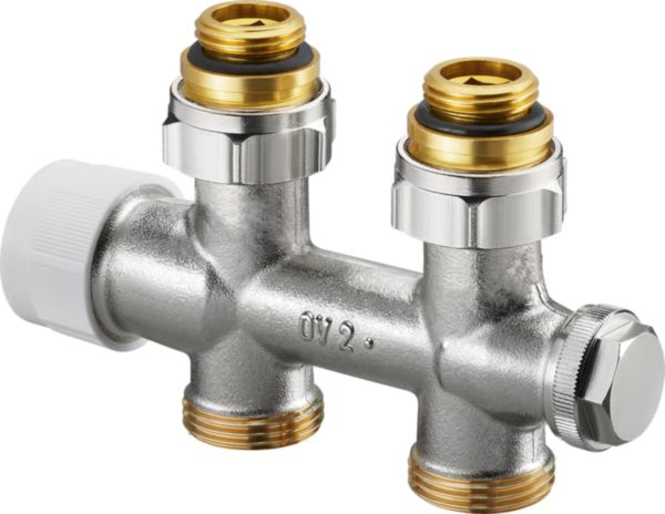 Raccord «Multiblock T» bitube, G ½ M x G ¾ M FF, modèle droit, laiton, nickelé, à joint souple, préréglage progressif Réf.1184083