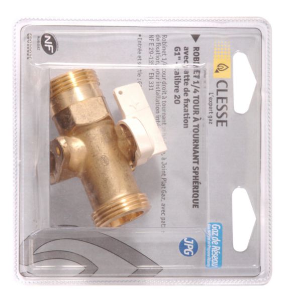 Robinet JPG-INT-AP 1/4 de tour droit tournant sphérique avec pattes 500 mbar calibre D20 sous coque Réf CD01003C