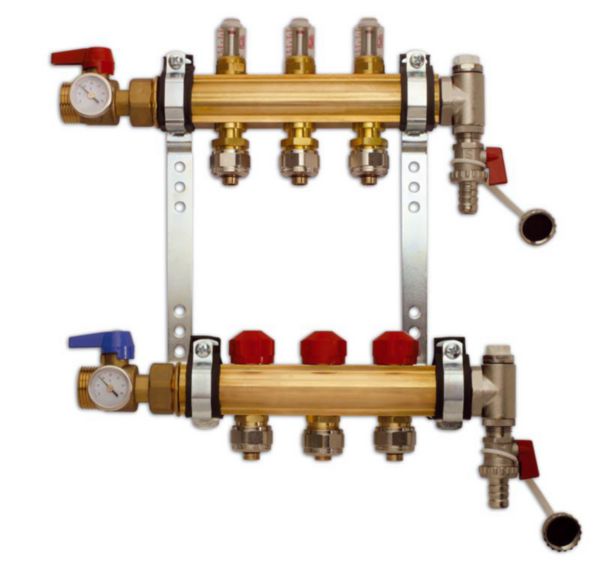 Image principale de Collecteur prémonté plancher chauffant avec débimètre HX-D 6 circuits 26 x 34 et vannes et thermomètres réf. 1409030506