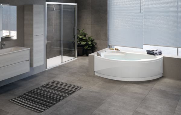 Baignoire VOGUE 165x85cm hydro + désinfection, avec châssis, vidage automatique + remplissage, pupitre électronique, réglage air/eau, injecteurs whirpool 6 jets chromés, repose-tête, version gauche, blanche réf. VOG516585OES-A0K