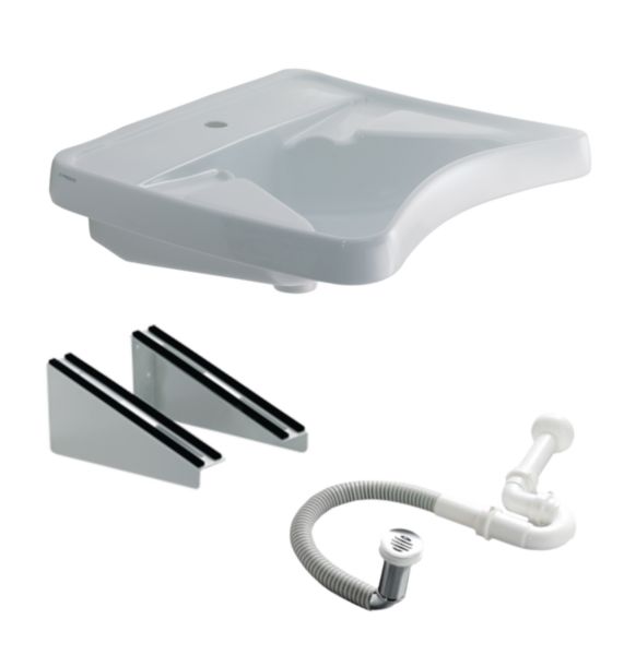 Lavabo ergonomique avec console fixe et bonde déportée avec siphon Réf. 60001
