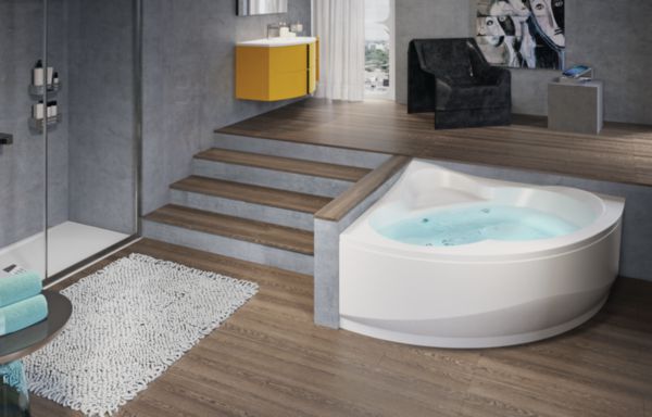 Baignoire d'angle UNA 135x135cm avec châssis, tablier et vidage automatique + robinetterie bord de baignoire, blanche réf. UNA2135135F-A1