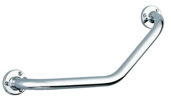 Barre de maintien coudée à 135, D 25, 220 x 220 mm, avec fixations visibles sur platines à 3 trous,inox poli brillant chromé réf. 550