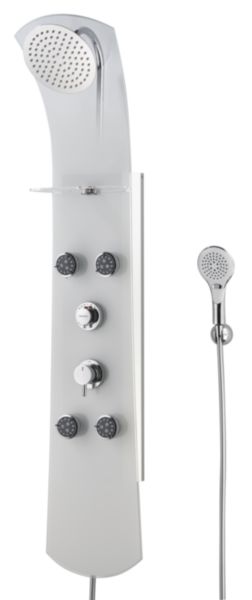 Colonne de douche NAUTILUS verre blanc, Robinetterie thermostatique, Pomme haute inox Ø200mm, Douchette 3 jets , 4 buses relaxation 2 jets, Corps verre sécurit blanc, Tablette, Flexible PVC effet métal 1,75m Réf. 49900040800