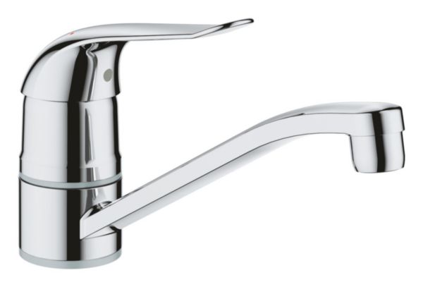 Mitigeur évier EUROECO Spécial monocommande 15 x 21, monotrou, bec bas mobile, levier métallique longueur 120 mm, limiteur de température, chromé réf. 32787000