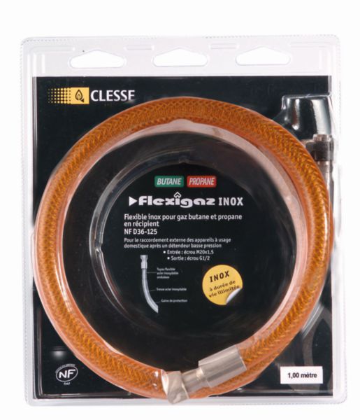 Tuyau Flexible gaz à raccords mécaniques FLEXIGAZ en inox pour butane propane Long. 2m Réf P010660