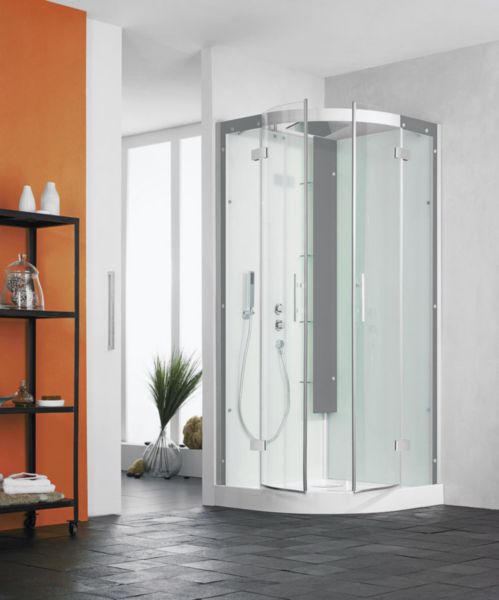 Cabine de douche HORIZON2 receveur bas ouverture pivotante 90R mitigeur thermostatique couleur acier réf. CA138A12