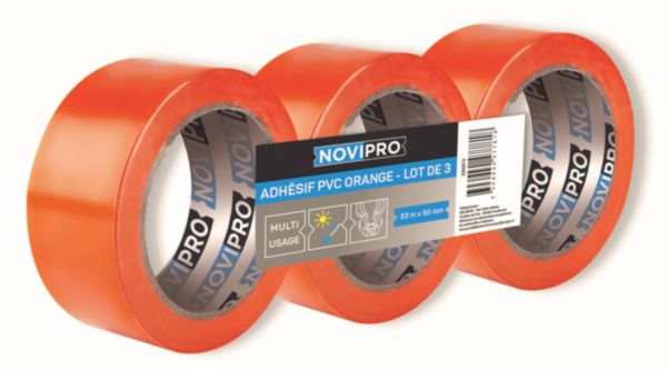 Ruban adhésif PVC plastifié - orange - Novipro - longueur rouleau 33 m - largeur rouleau 50 mm - le lot contient 3 rouleaux
