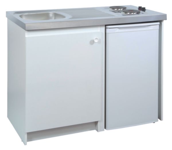 Cuisinette complète, meuble en mélaminé blanc, 1 porte, évier réf.CPAE120F00, réfrigérateur réf.MRT2048 Z 00 - de l'Ensemble Réf. KPEZ120F03