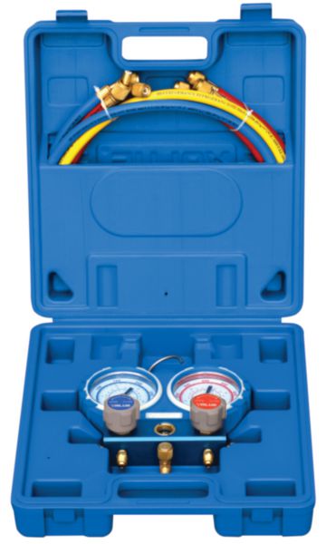 Coffret manomètre pour R407-R410A-R32-R134A avec 3 flexibles 90 cm 8x13 et 2 flexibles 90cm 1/4-5/16, avec vanne Réf. TFVMG2R410A