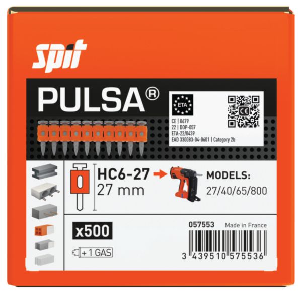 Image principale de Boite de 500 clous PULSA HC6-22 (pour acier, béton dur et précontraint) + cartouche gaz