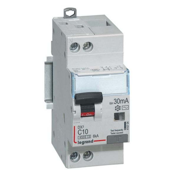 Disjoncteur différentiel DX3 4500 V is/V is -U+N 230V ~ 10A typeAC 30mA 6kA -courbe C 2M Ref.410704