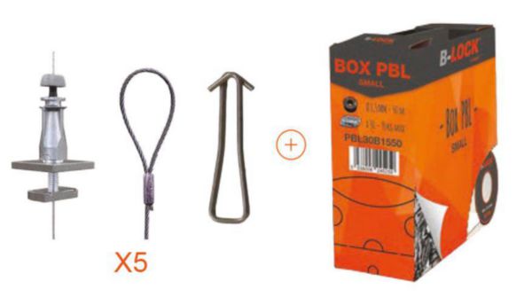 Lot spécial GRIPPLE - 5 Sachets KitCLIM4 (4 câbles Ø 2 mm en 2 m + 4 crochets et outil de pose) + 1 BOX PBL Small (1 Bobine de câble Ø 1,5 mm de 50 m + 30 galets)