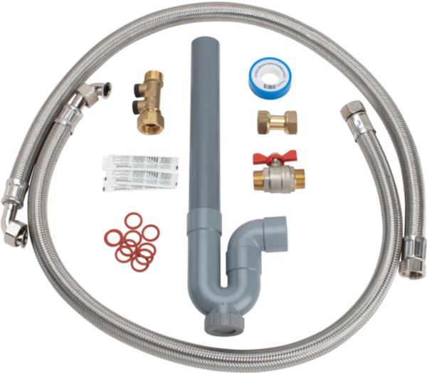 Kit de raccordement pour adoucisseur SOFTEO, composé d'1 vanne papillon MM20x27, 1 clapet non retour MF20x27, 2 flexibles, 1 ruban téflon, 1 syphon, joints 20x27 réf Q516007001