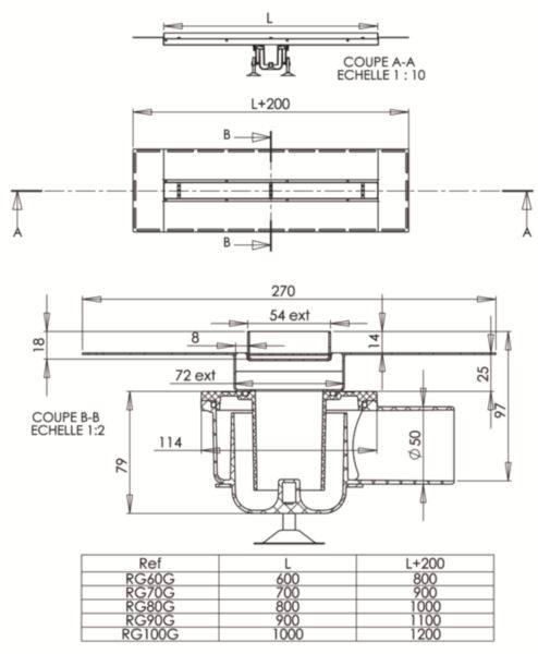 Caniveau plat Rivage à garnir en acier inox pour douche italienne, cuve de dimensions 700x70mm, de profondeur 25mm, Evacuation orientable D50mm réf. RG70G