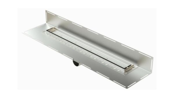 Caniveau avec remontée murale Rivage à garnir en acier inox pour douche italienne, cuve de dimensions 600x70mm, de profondeur 25mm, Evacuation orientable D50mm réf. RG60MG