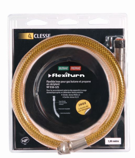 Tuyau flexible inox Flexiturn Bupro à raccords mécaniques pour butane et propane avec système anti-torsion longueur 2m réf P010860