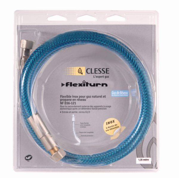 Tuyau flexible inox Flexiturn Res à raccords mécaniques pour gaz de réseaux avec système anti-torsion longueur 2m réf P010760