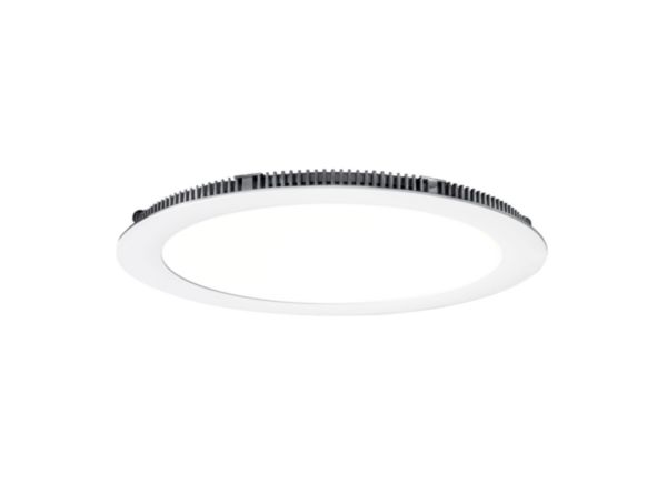 Downlight faible épaisseur, rond Ø180mm, fixe, blanc, 110°, LED intégrée 11,4W 4000K 1020 lm, 35000h. Alimentation LED séparée pré-câblée, classe 2, IP20 fournie. Réf. 50081