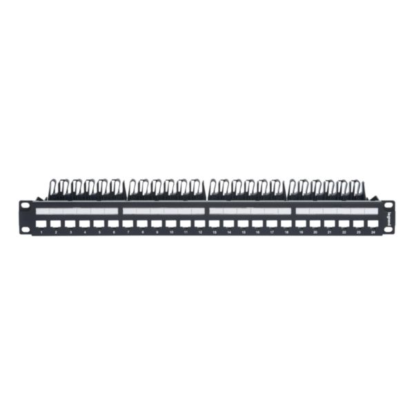 Panneau de brassage Linkeo C 24 ports RJ45 à équiper de 24 connecteurs Keystone catégorie 5e ou catégorie 6 ou catégorie 6A, avec support de câble métal Réf. 632850