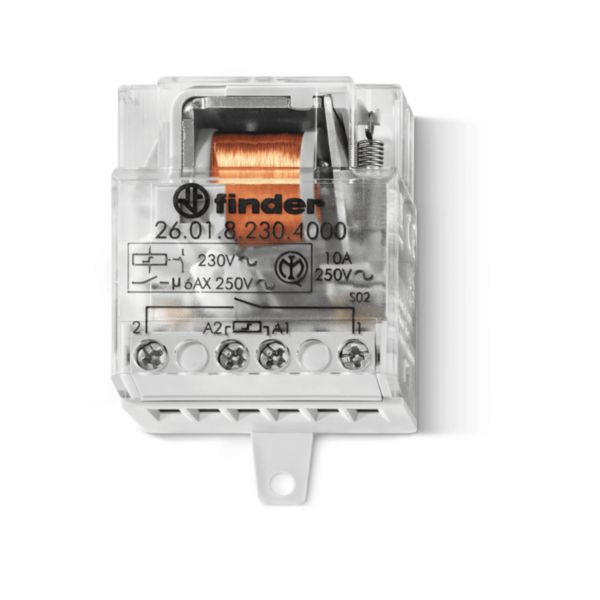 Télérupteur électromécanique de boite unipolaire avec alimentation 230V AC, 1 contact NO 10A, matériau de contact AgSnO2, bornes à cage et commutateur 2 séquences Réf. 260182304000