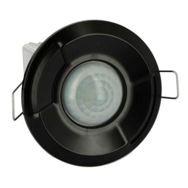 Détecteur GREEN-I  noir ON/OFF pour la gestion de l'éclairage, montage plafond encastré, 360° sur 14m, câblage rapide et double configuration. Réf. 48454