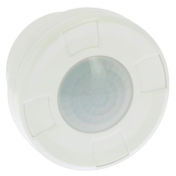 Détecteur Grand Hauteur GREEN-I  blanc pour l'éclairage ON/OFF, montage surface plafond, 360° sur 20m, bague coulissante brevetée pour protéger les potentiomètres gradués, câblage rapide et double configuration. Réf. 48473
