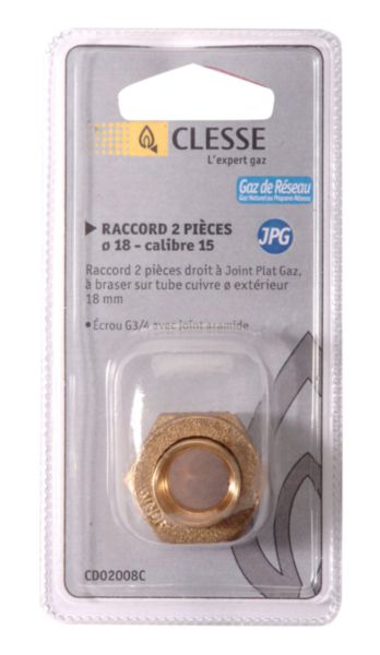 Raccord droit 2 pièces RC-CU-JPG-C à joint plat gaz à braser sur tube cuivre D18 calibre 12 sous coque NF Réf. CD02004C