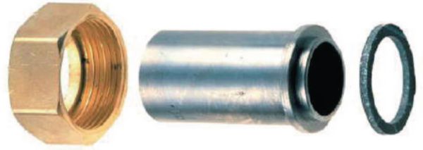 Raccord droit deux pièces, écrou 20x27 à joint plat gaz à souder sur acier 26,9 NF Réf. : 0190496