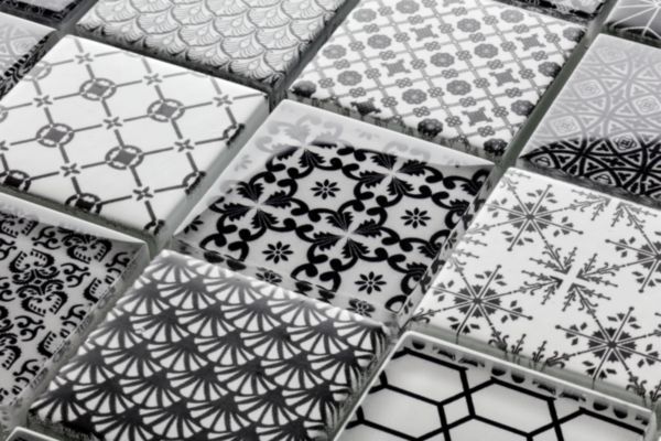 Verre Bärwolf Grafico black white mosaïque 29,8 x 29,8 cm Réf. GL-18003
