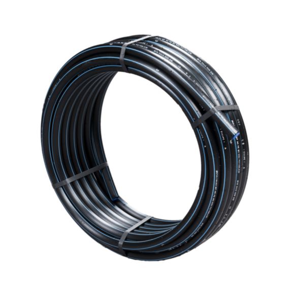 Tuyau PE100 noir bande bleu POLYBLEU 16BAR D40X3,7 ist5,C50M P5 couronne de 50 mètres