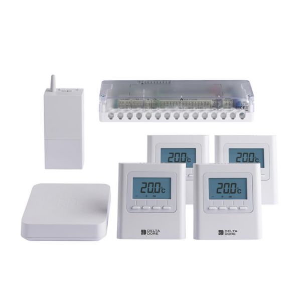Image principale de Pack Delta 8000 connecté de programmation/régulation 4 zones comprenant 1 boîtier technique Delta 8000, 1 passerelle radio, 4 thermostats d’ambiance et 1 box maison connectée Tydom Home Réf. 6053069