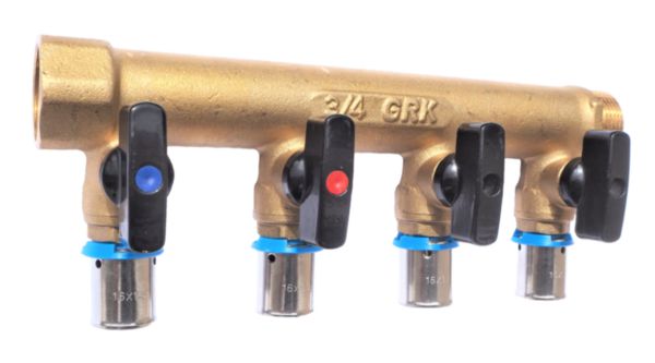 Distributeur MF 3/4" entraxe 50mm 5 piquages avec mini vannes intégrées à sertir Ø16 Réf. 958G-5S16