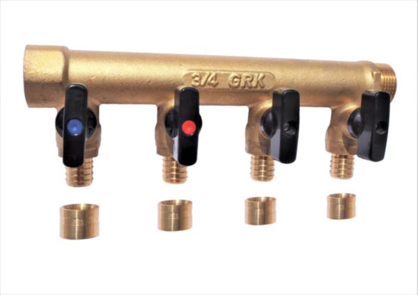 Distributeur MF 3/4" entraxe 50mm 3 piquages avec mini vannes intégrées à glissement Ø16 Réf. 958G-3G16