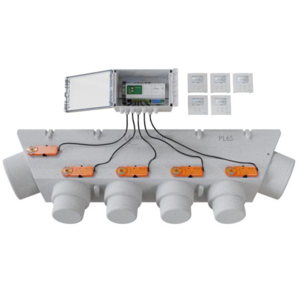 Pack de régulation à 4 zones thermostat Blanc comprenant : 1 plenum, 1 coffret de régulation + passerelle de communication avec l'appareil gainable, 5 volets motorisés 24v, 4 thermostats radio, 1 horloge de programmation PACK REGUL 4Z-5M TB