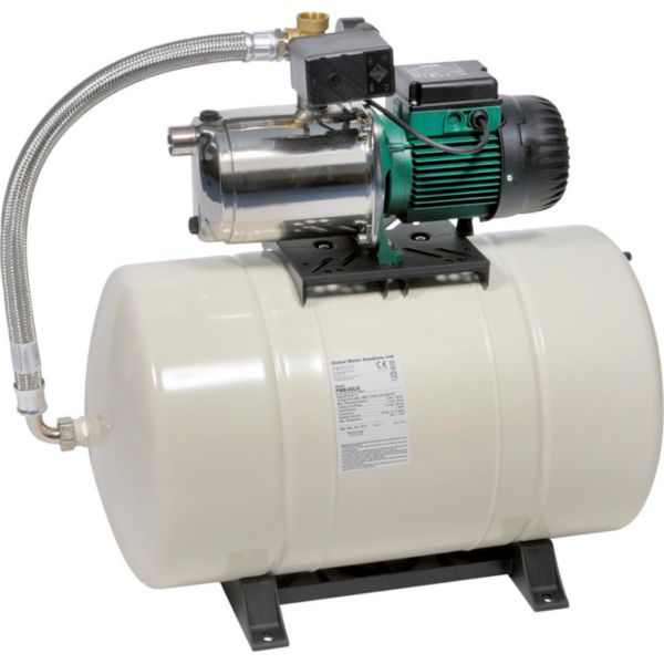 Groupe de surpression AQUABLOCK GWS 30/80 MONO alimentation électrique 230 V - 0,85 kW - 5,3 A débit 4,8 m³/h pression 3,5 bar équipé d'une pompe EURO-INOX 30/80M et d'un réservoir à diaphragme de 80 L raccordements 1" F Réf. 204071