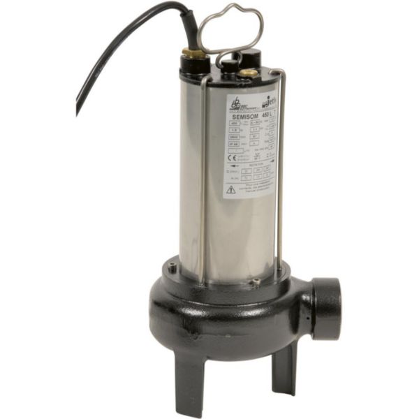 Pompe de relevage eaux chargées SEMISOM 290M alimentation électrique 230V - 0,55 kW - 4,2 A débit maxi 12 m³/h hauteur maxi de relevage 6,5 m livrée avec 10 m de câble et coffret de démarrage Réf. 136040