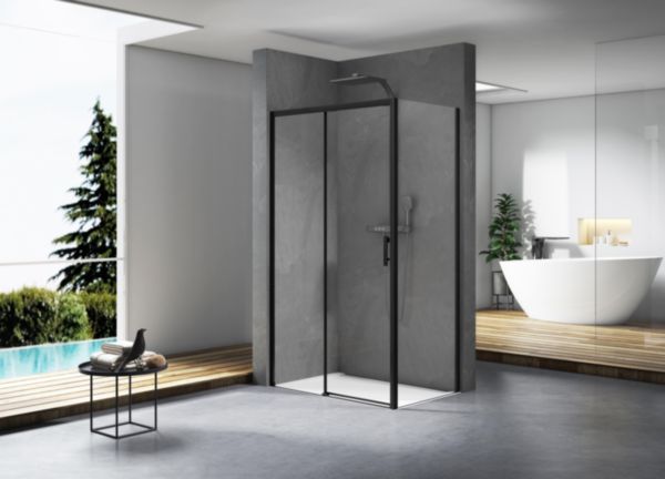 Paroi de douche Alterna Concerto Access sans seuil coulissante 2 vantaux profilés noir mat 120 cm verre transparent