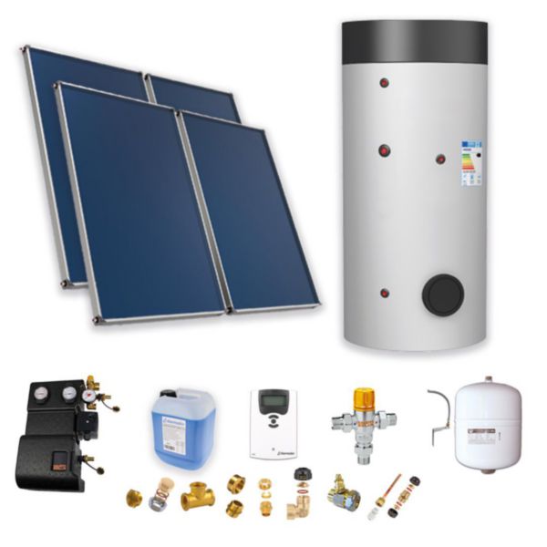 Pack Solaire type D comprenant 4 capteurs Solaires ASTREA pour toit incliné tuile mécanique + ballon 800L avec production ECS semi-instantanée par serpentin avec soutien par énergie primaire + liste d'accessoires.Réf : PSOLCHECSP48
