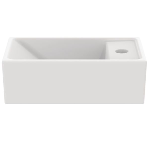 Lave-mains 37 x 21 cm Tempo blanc, en grès fin, version droite. 1 trou central pour la robinetterie. Sans trou de trop-plein. Fixation murale par 2 tire-fonds non fournis Réf : E211201