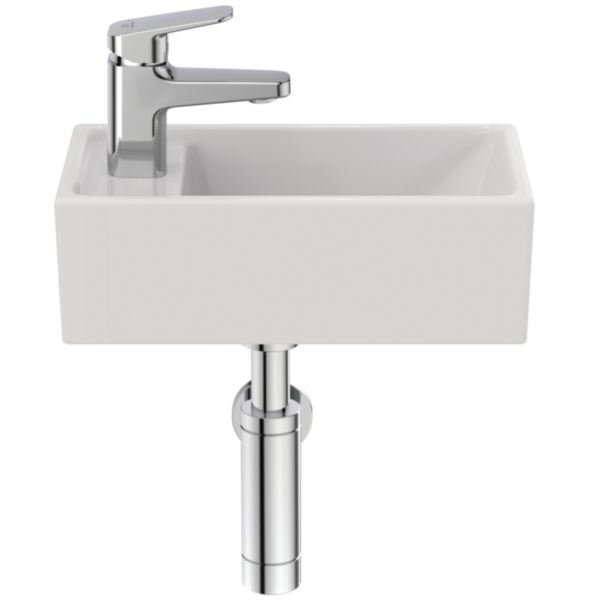 Lave-mains 37 x 21 cm Tempo blanc, en grès fin, version gauche. 1 trou central pour la robinetterie. Sans trou de trop-plein. Fixation murale par 2 tire-fonds non fournis Réf : E211301