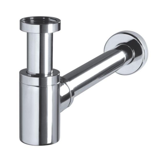Mini siphon de lavabo Design en laiton chromé avec tube de sortie mural et rosace inox entrée 1"1/4 sortie D32 Réf. 30723103