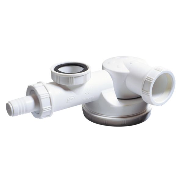 Tubulure de raccordement pour évier 2 bacs avec siphon gain de place intégré à garde d'eau 50mm sortie orientable à visser D40 prise machine à laver Réf. 30723640