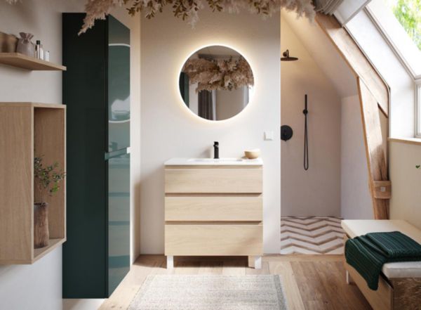 Banc melaminé Halo 1 tiroir largeur 100 cm finition hickory clair poignée profil blanc satiné pieds en métal laqués blanc satiné coussin revêtement synthétique effet cuir blanc réf : 112626-HC-BS-CB-BS