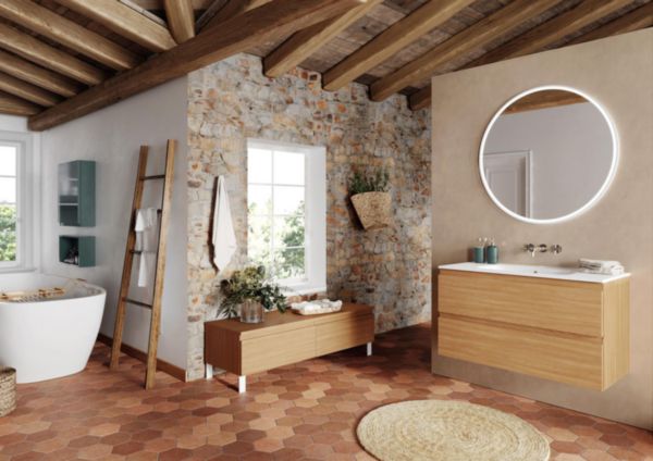 Meuble sous vasque massif Halo XL 2 niveaux 2 tiroirs largeur 100 cm finition chêne naturel poignée intégrée façade lisse réf : 114703-2206