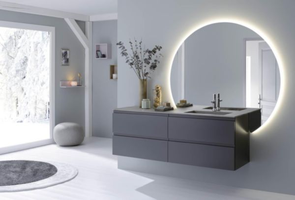Meuble sous vasque laqué gauche Lumen 2 niveaux 2 tiroirs finition ardoise soft poignée intégrée pour meuble largeur 160 cm réf : 275419-2367