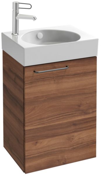 Meuble sous lave-mains. L43,5 x P35,3 x H59,1 cm. 1 porte à fermeture progressive. Charnières à droite. 1 rayon intérieur. A commander avec le lave-mains EGN112. Noyer Naturel